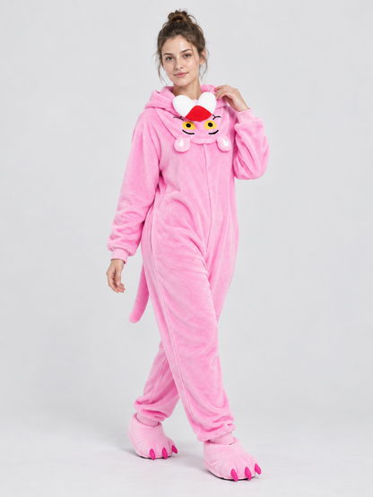 Pink Fleece Hooded Jumpsuit Pajama with Tail