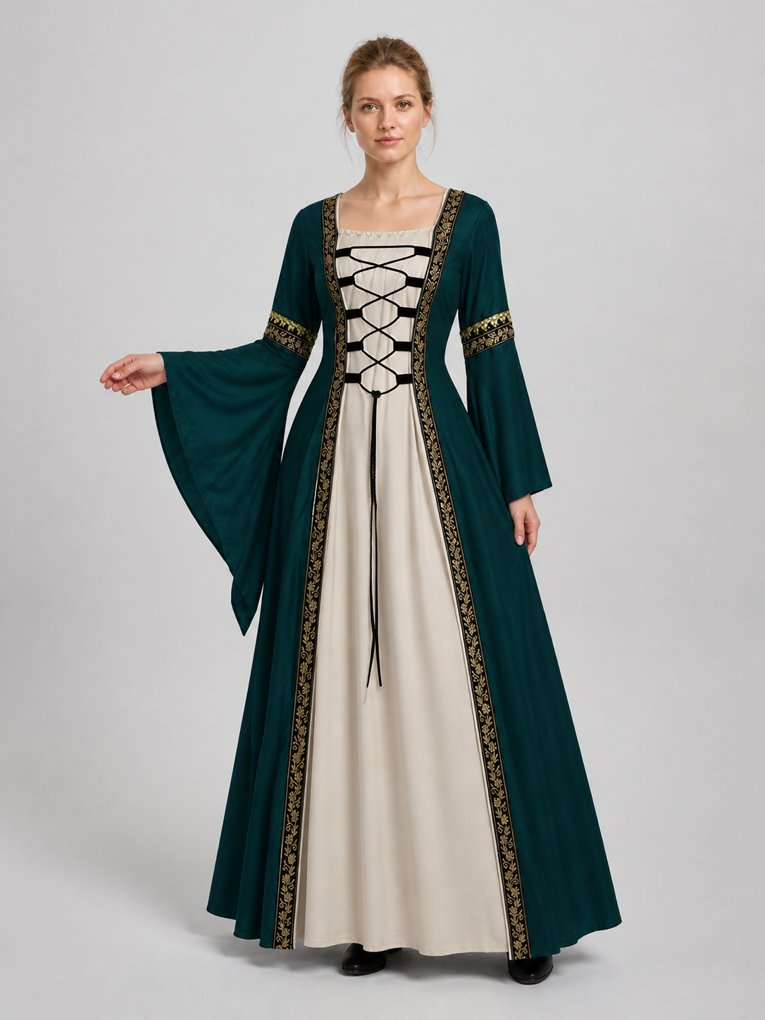 Long Medieval-Style Dress with Flared Sleeves Costume Dresses detail 2