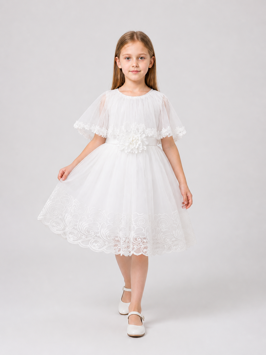 Girls' White Dressy Dress with Lace and Tulle Costume Dresses detail 2