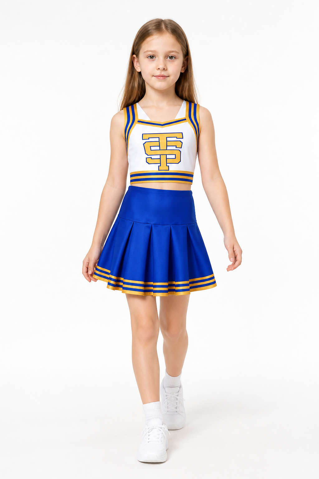 Walking pose in the white TS crop top and blue pleated skirt costume