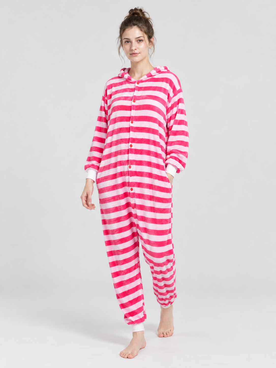 Pink and White Striped Hooded Pajama Jumpsuit