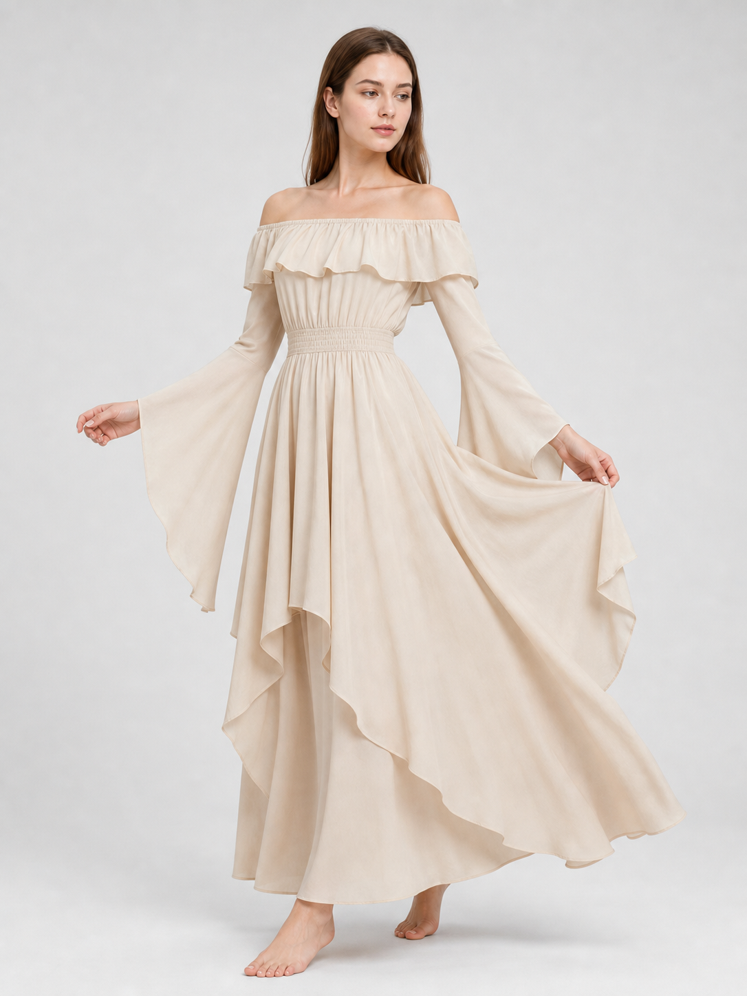 Long Off-the-Shoulder Dress with Ruffles