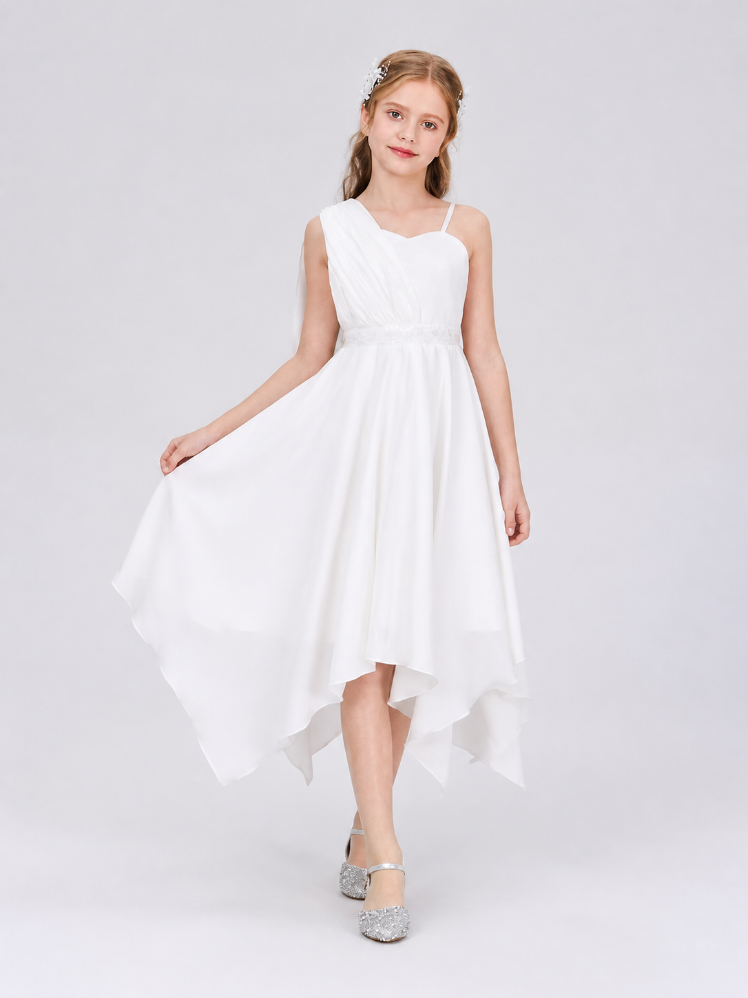 White Dressy Children's Dress with an Asymmetrical Skirt Costume Dresses detail 2