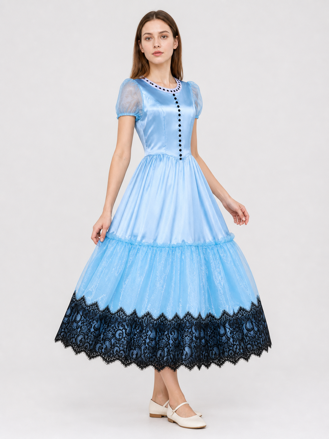 Alice Blue Dress with Full Skirt and Lace