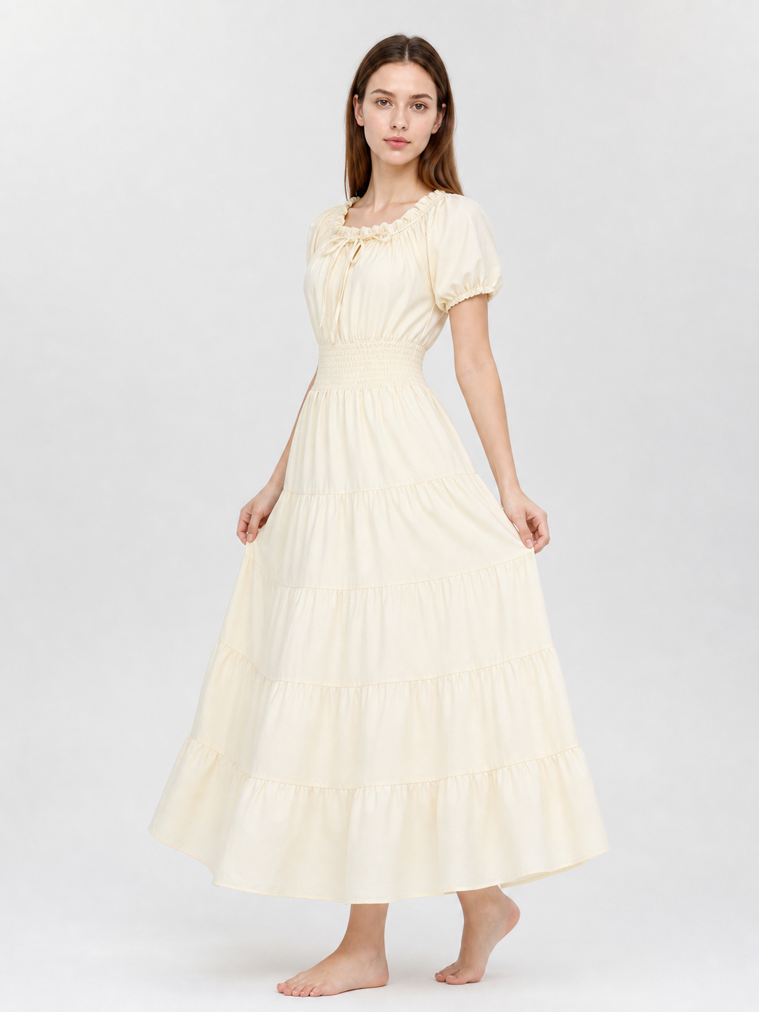 Tiered Dress with Puff Sleeves and Gathering