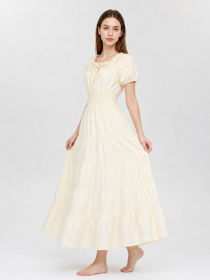Tiered Dress with Puff Sleeves and Gathering