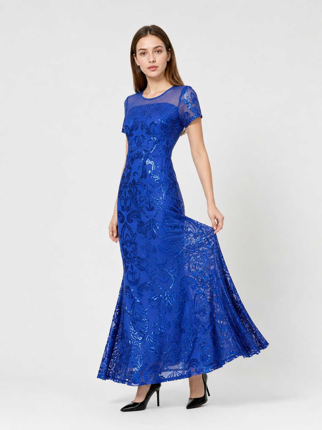 Blue evening dress with floral pattern and sequins