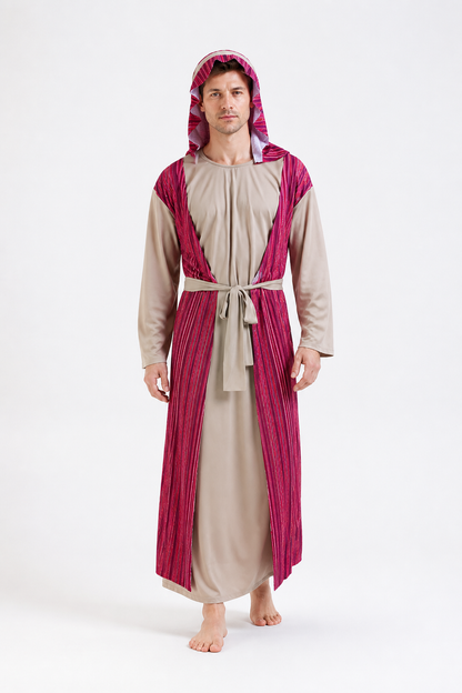 Hooded Halloween Cloak, Beige with Burgundy Stripes