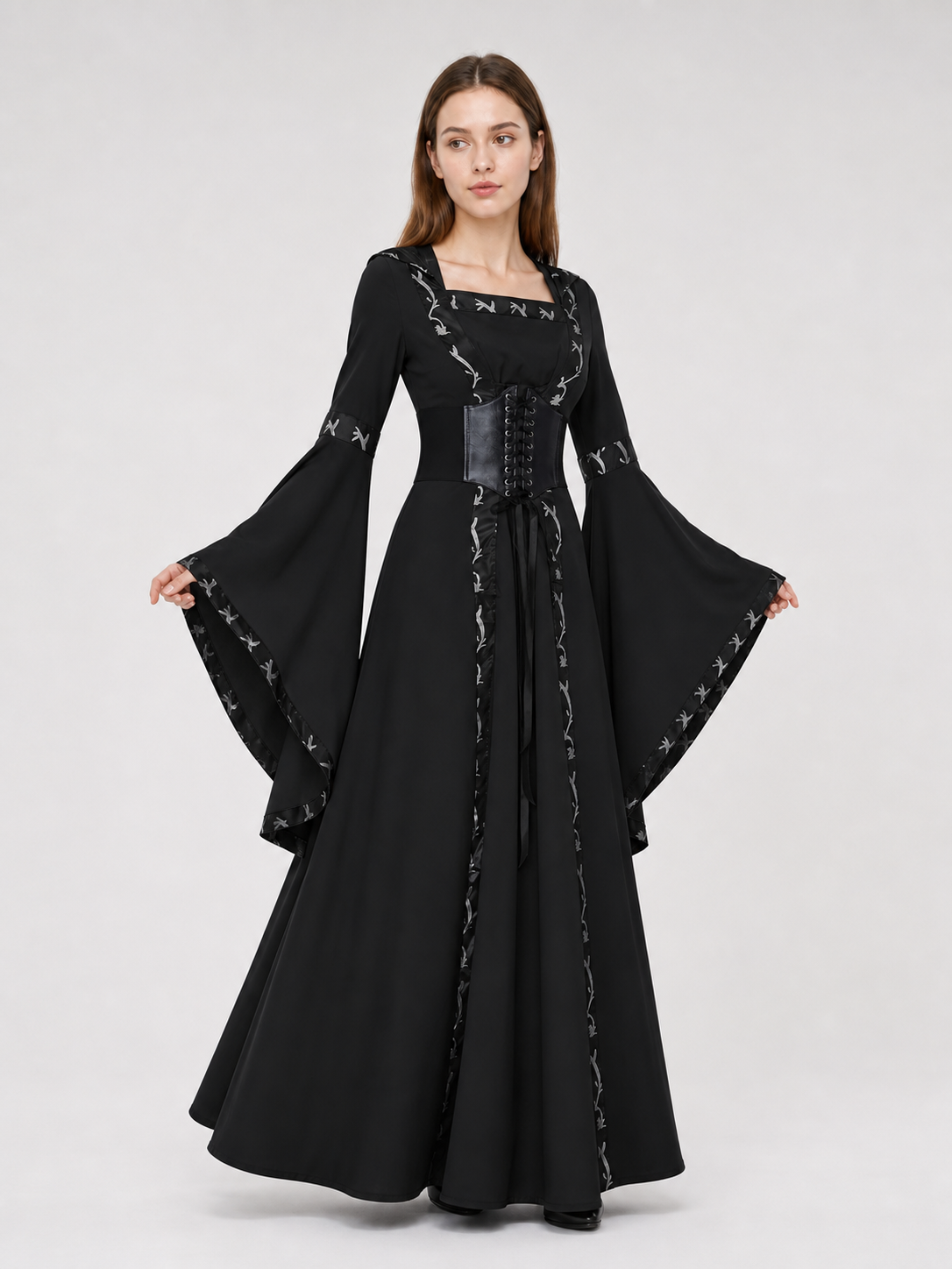 Gothic Long Hooded Dress with Lacing