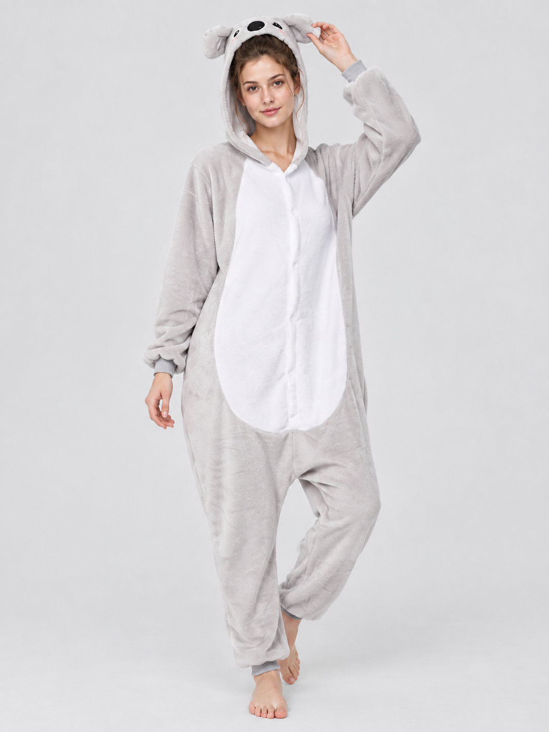 Hooded Pajama Jumpsuit with Ears, Light Gray