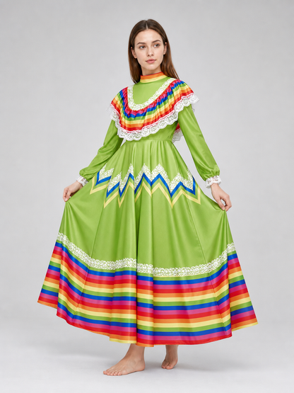 Bright folk dress with a full skirt and lace