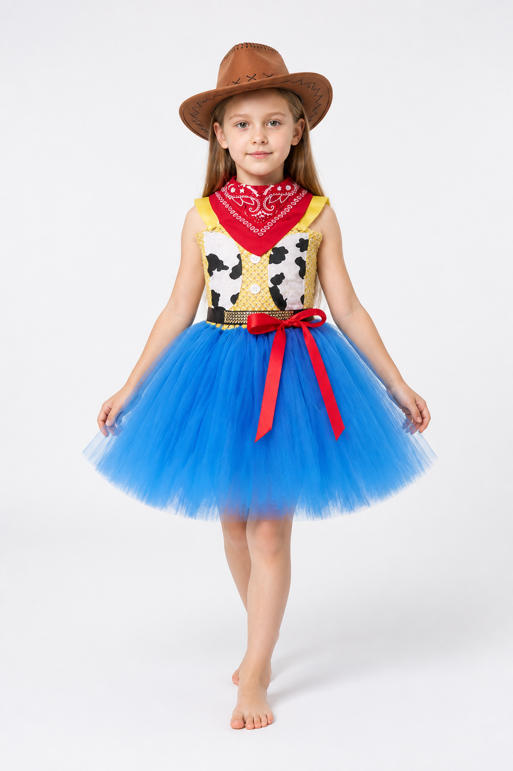 Children’s cowgirl costume with a tutu skirt, hat, and neckerchief