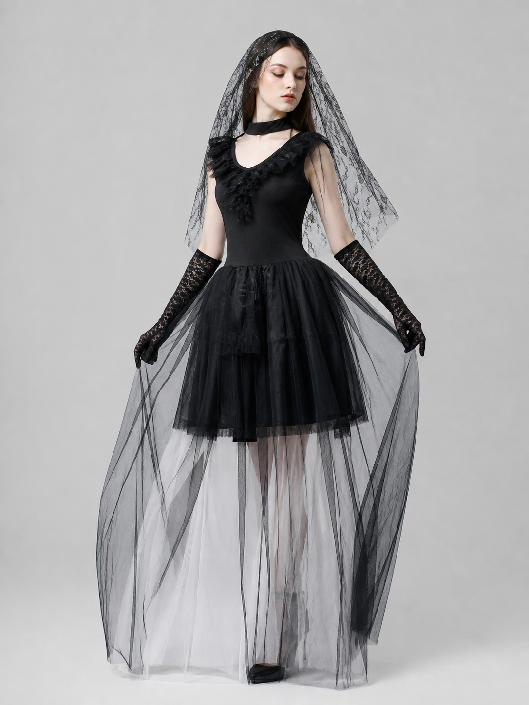 Black Gothic-Style Dress with Veil and Gloves Costume Dresses detail 2