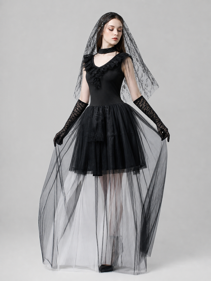Black Gothic-Style Dress with Veil and Gloves Costume Dresses detail 2
