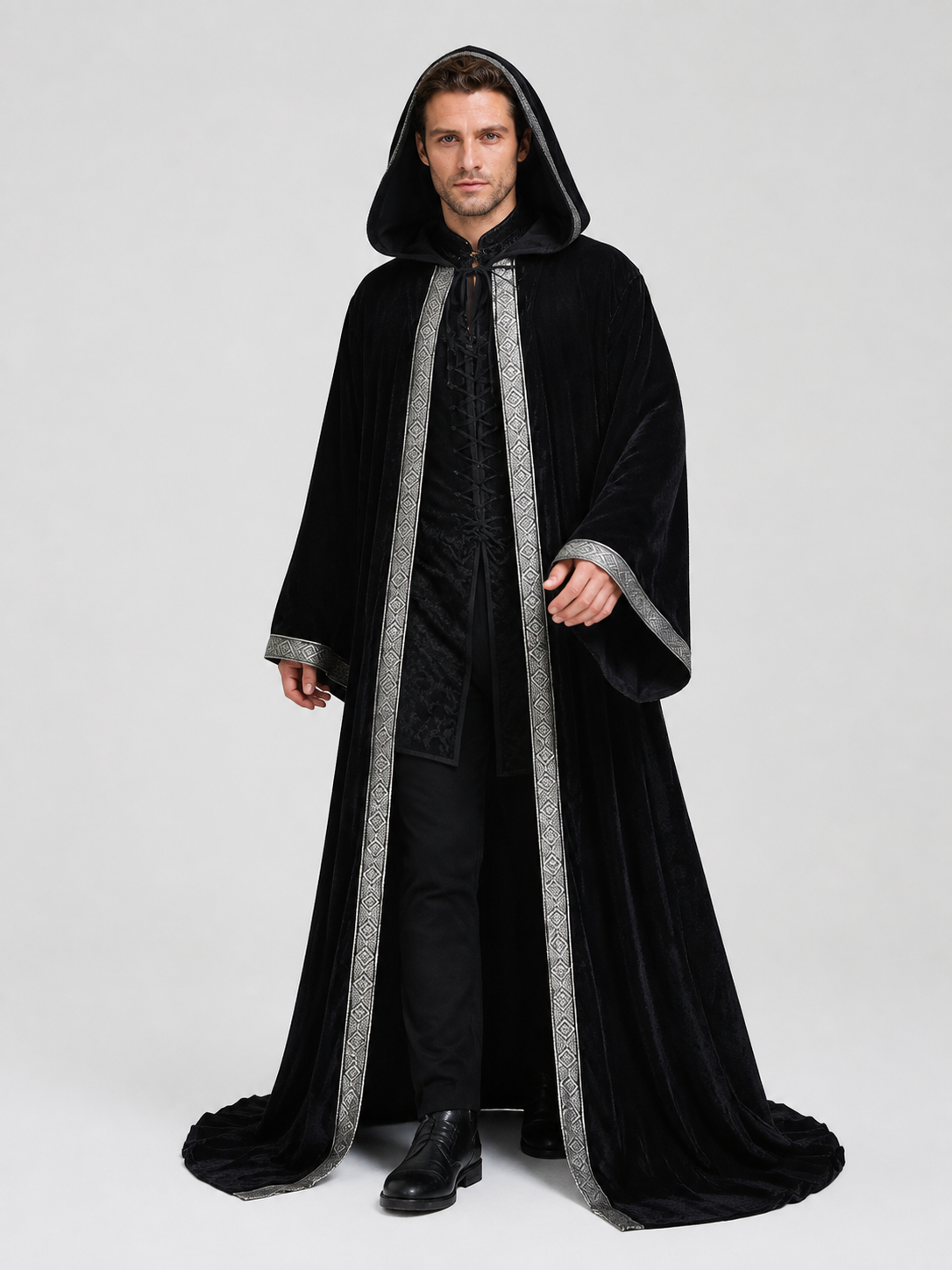 Black Hooded Halloween Cloak with Silver Trim