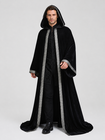 Black Hooded Halloween Cloak with Silver Trim