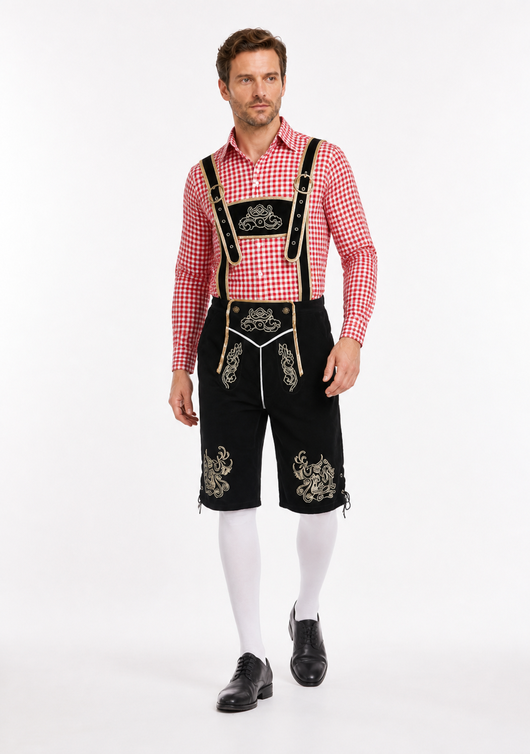 Bavarian costume set with shirt, shorts, and suspenders
