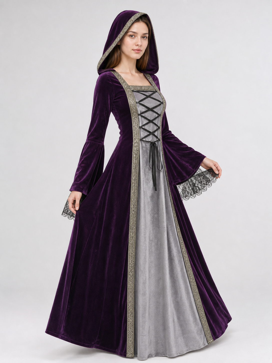 The dress is designed in a Gothic medieval style and features a costume in deep