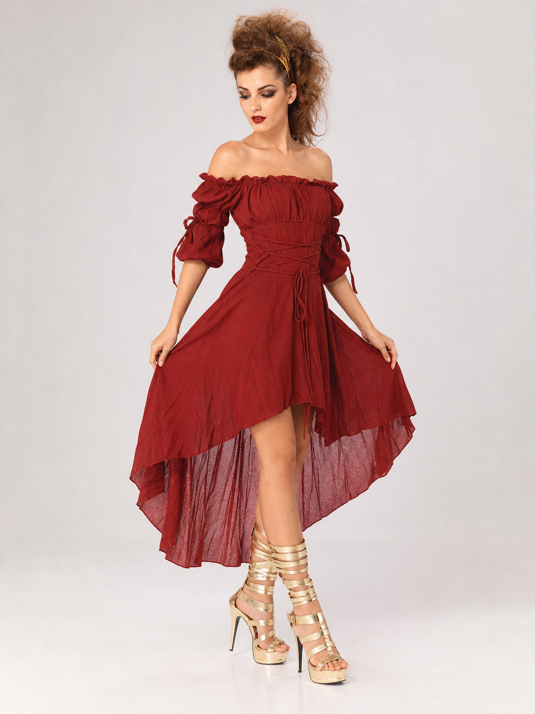 Dark Red Stage Dress with an Asymmetrical Hem Costume Dresses detail 2