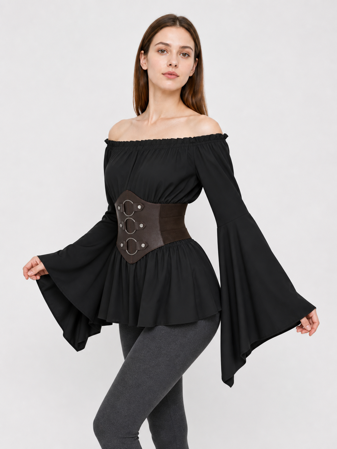 Gothic Costume Dress with a Belt and Flared Sleeves