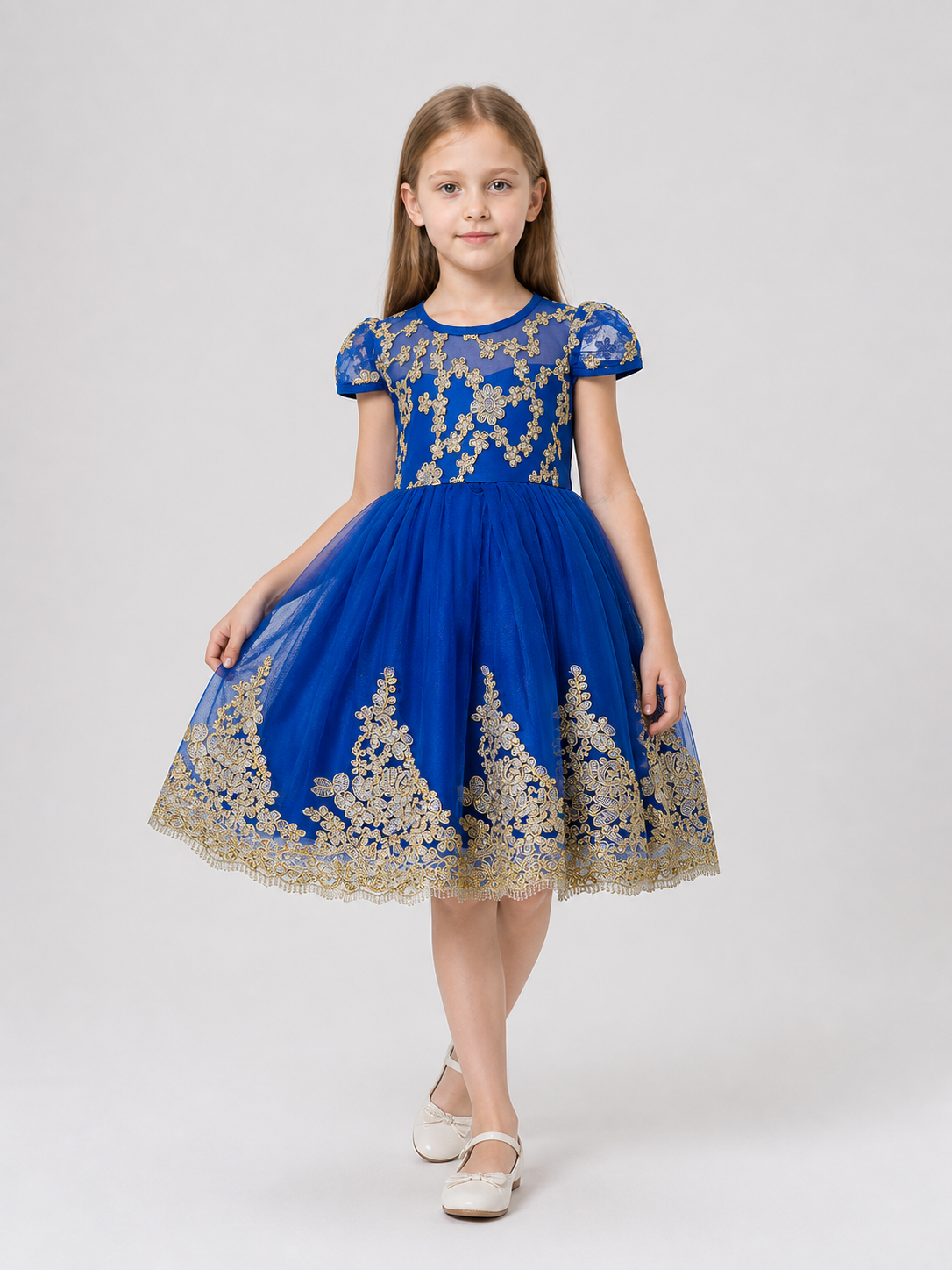 Full-Skirted Dress with Gold Embroidery, Bow, and Sequins Costume Dresses detail 2