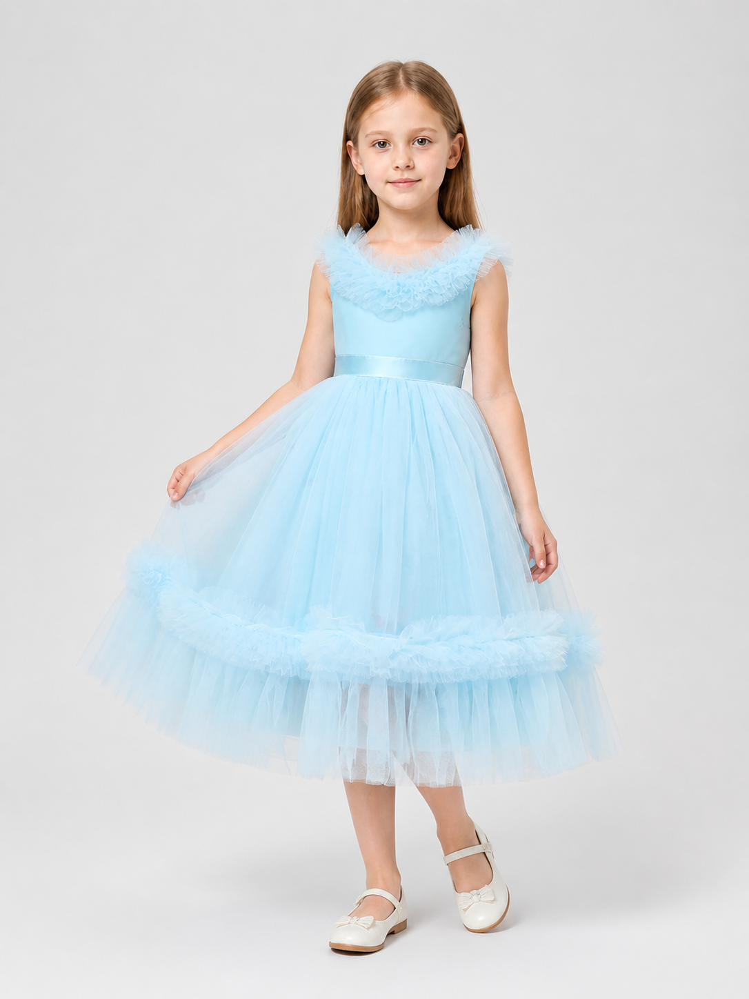 Girls' Light Blue Princess Dress with Full Skirt and Bow Costume Dresses detail 2