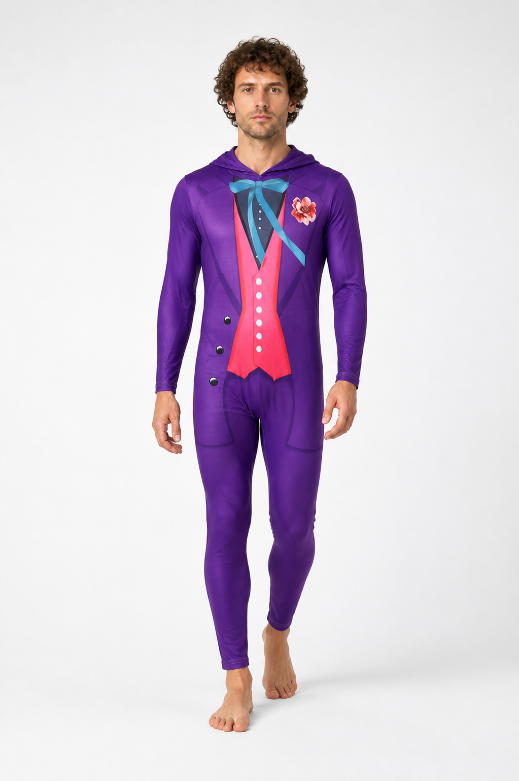 Joker cosplay jumpsuit with hood and printed design on-model alternate view