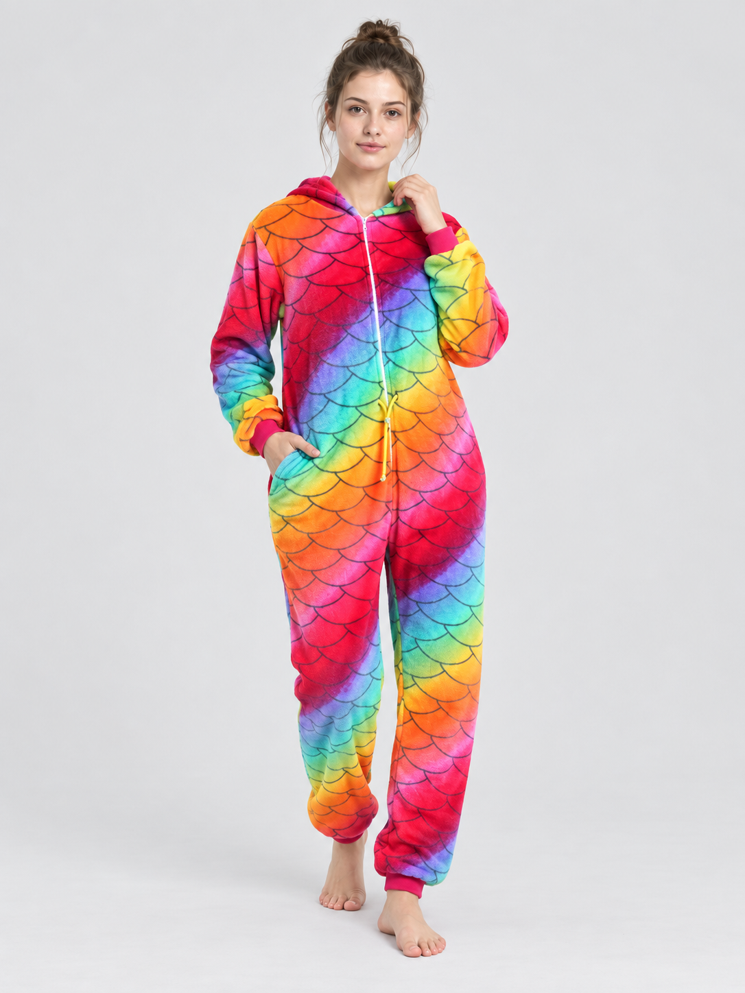 Flannel Rainbow Scale Print Jumpsuit Pajamas