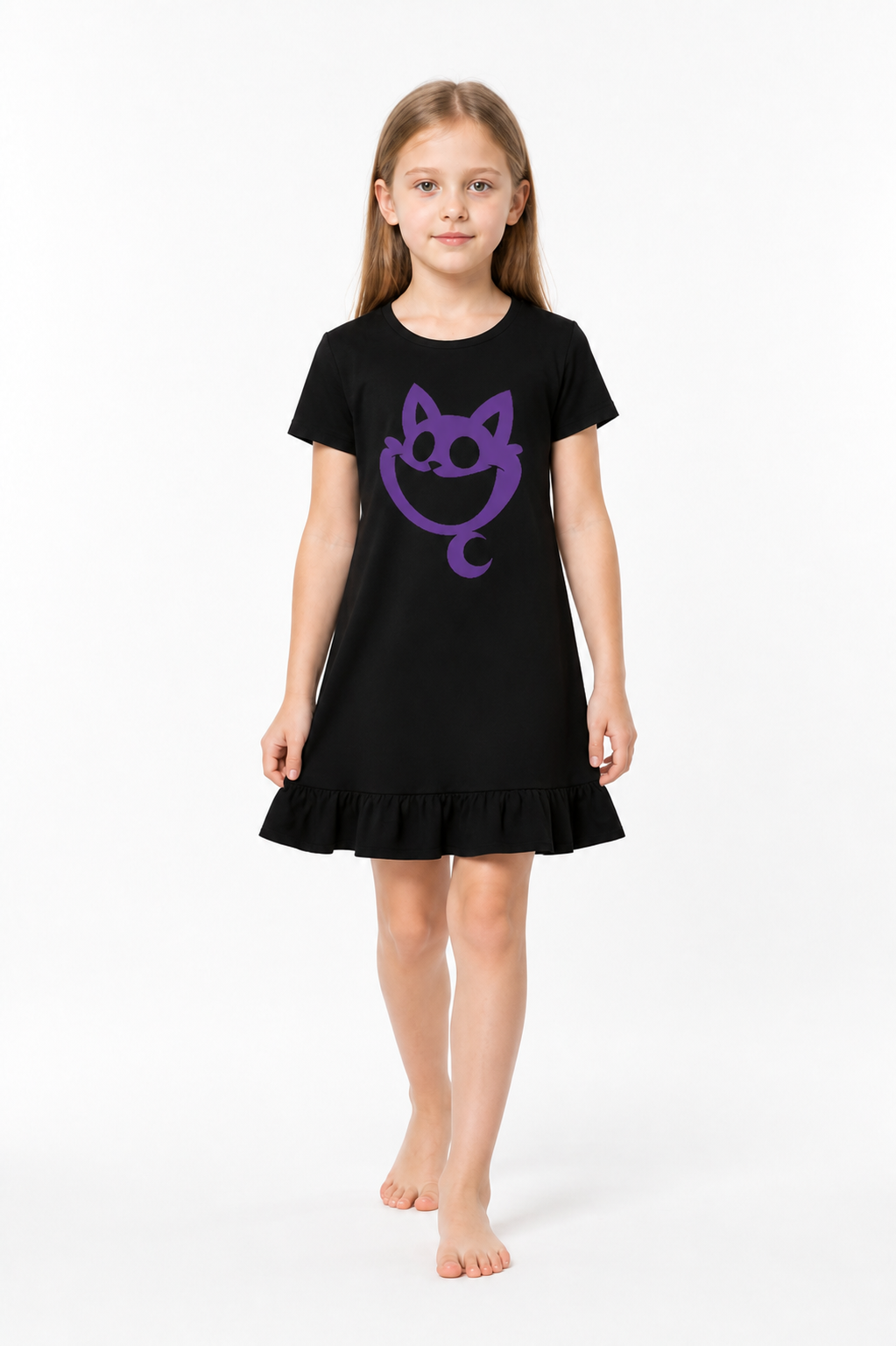 Black A-line Dress with Purple Cat and Ruffle Costume Dresses detail 2
