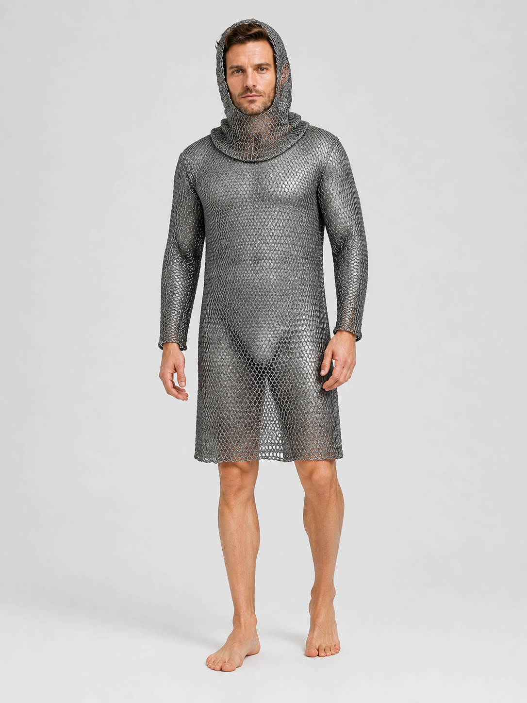 Silver Hooded Chainmail Dress with Diamond-Patterned Mesh Costume Dresses detail