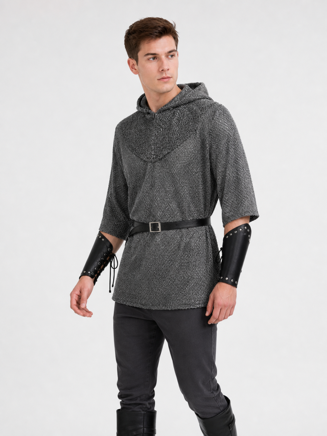 The costume is designed in the style of a medieval knight and is suitable for cosplay and stage performances. The set includes a gray hooded top with a layered front design, black pants, a belt, bracers, and greaves. The gray-and-black colo