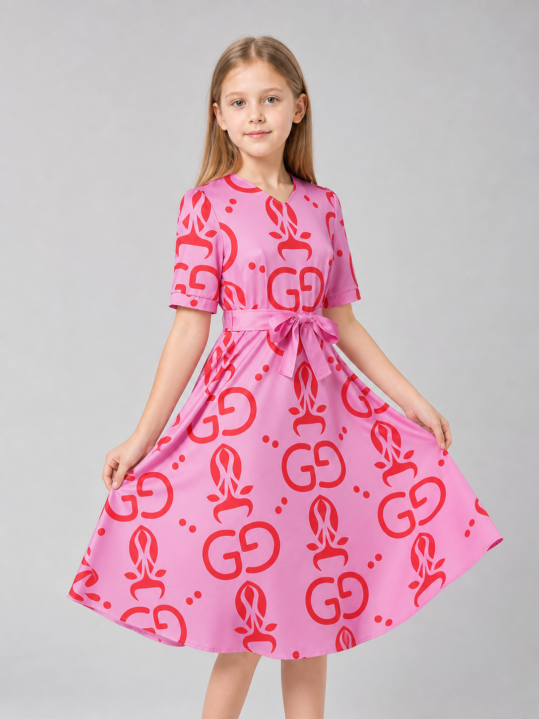 Cosplay dress with print and belt, short sleeves