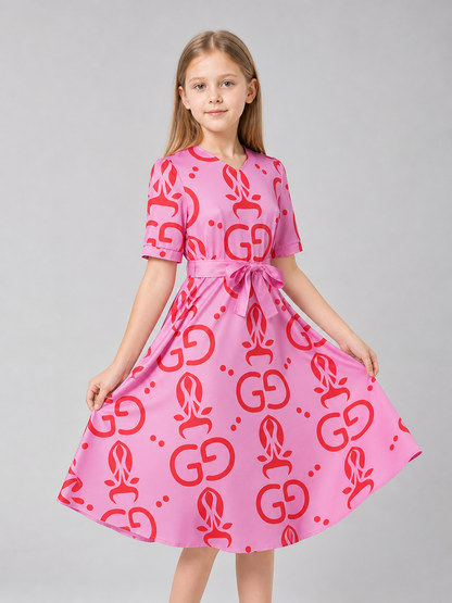 Cosplay dress with print and belt, short sleeves