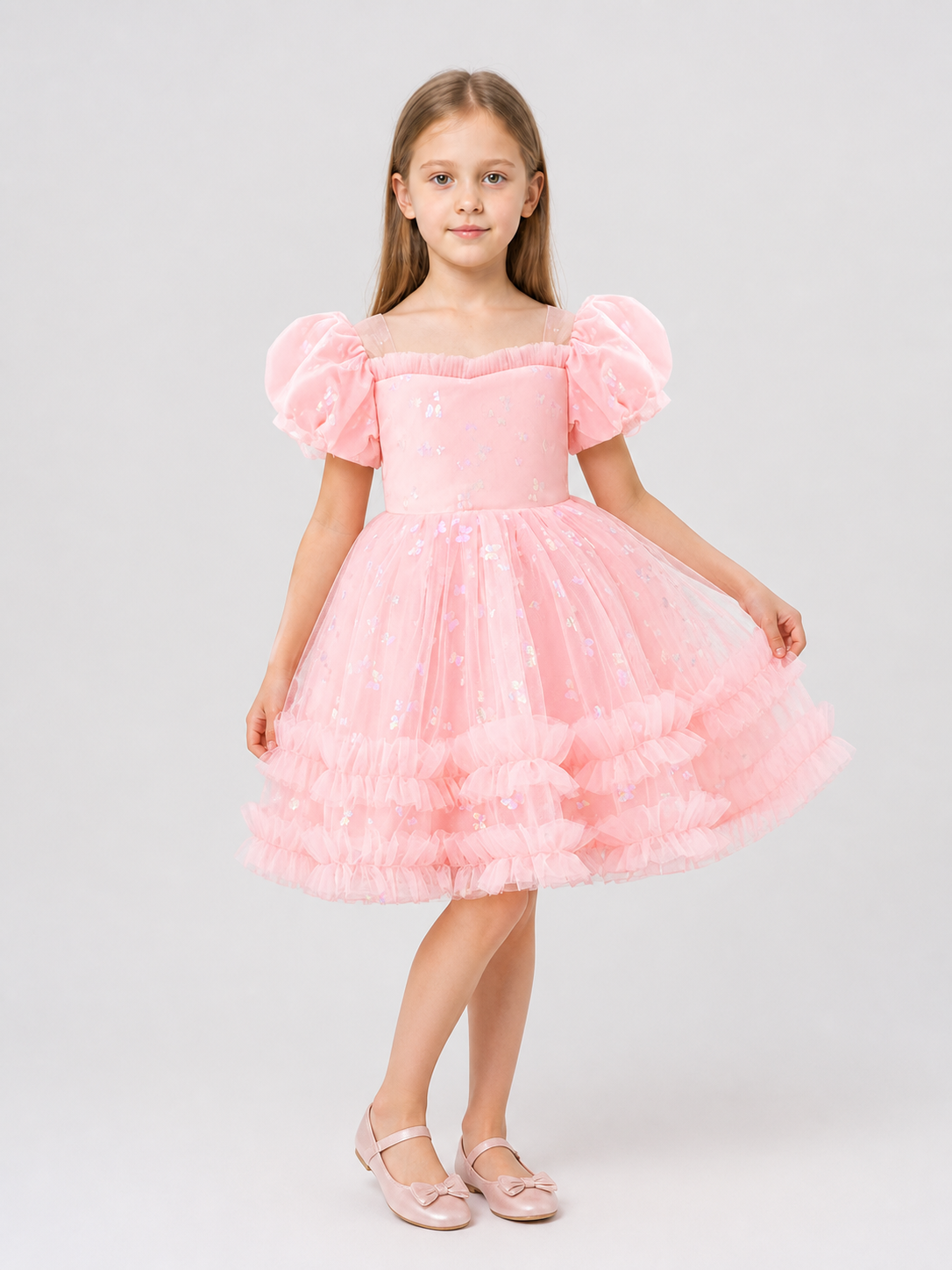 Pink Girls’ Princess Dress with Puff Sleeves