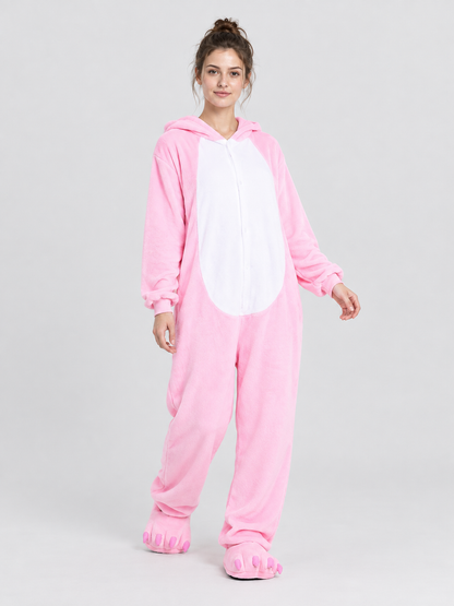 Pink hooded pajama jumpsuit with a face