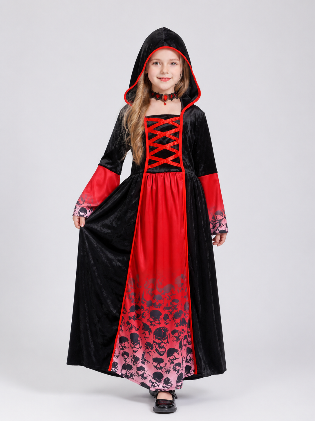 Red and Black Vampire Dress with Skulls and Hood Costume Dresses detail 2