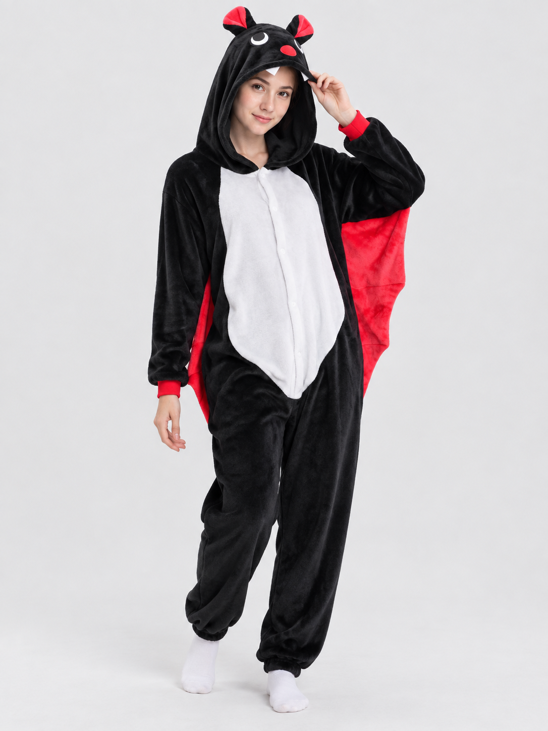 Black Hooded Pajama Jumpsuit with Appliqués