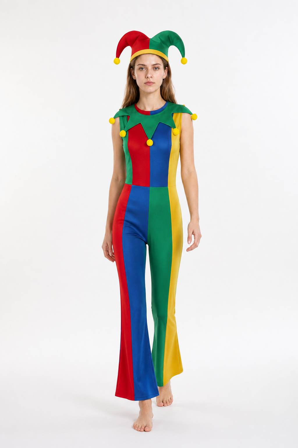 Clown Costume, Multicolored Jumpsuit with Hat Costume Headwear detail