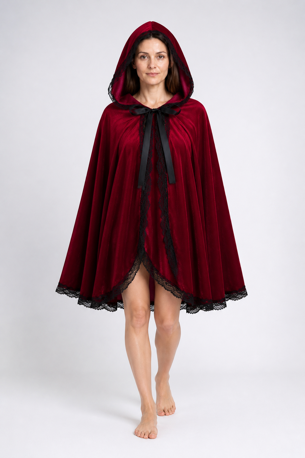 Burgundy Hooded Cape with Black Lace and Bow Costume Capes detail 2