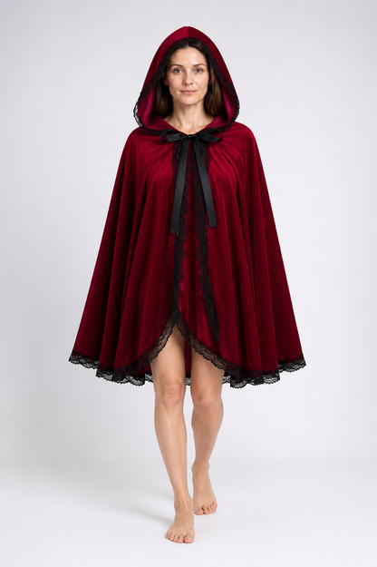 Burgundy Hooded Cape with Black Lace and Bow Costume Capes detail 2