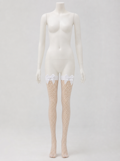White Diamond-Mesh Stockings with Bows