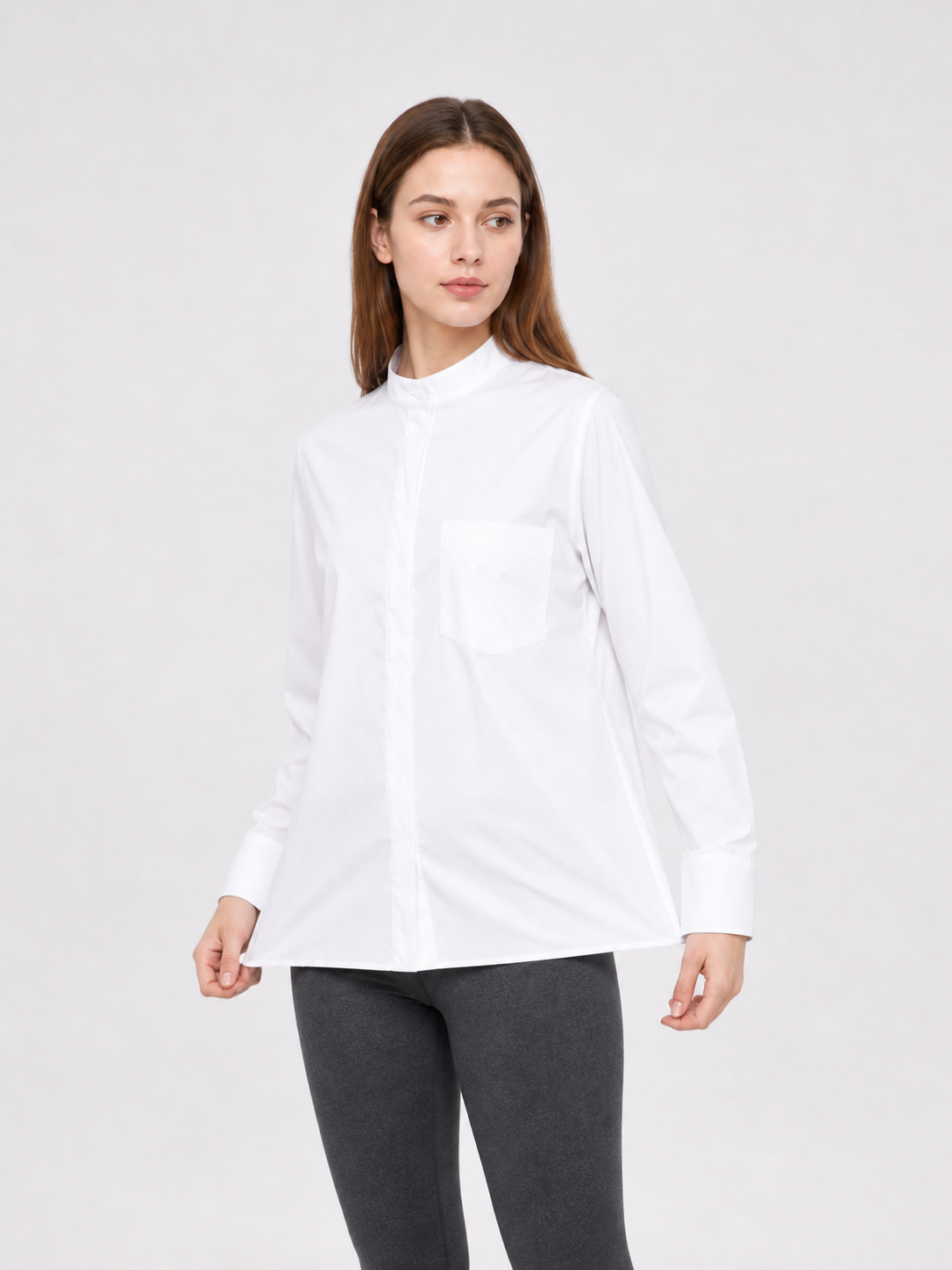 White Stand-Collar Shirt with Chest Pocket