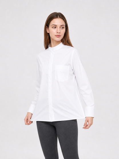 White Stand-Collar Shirt with Chest Pocket