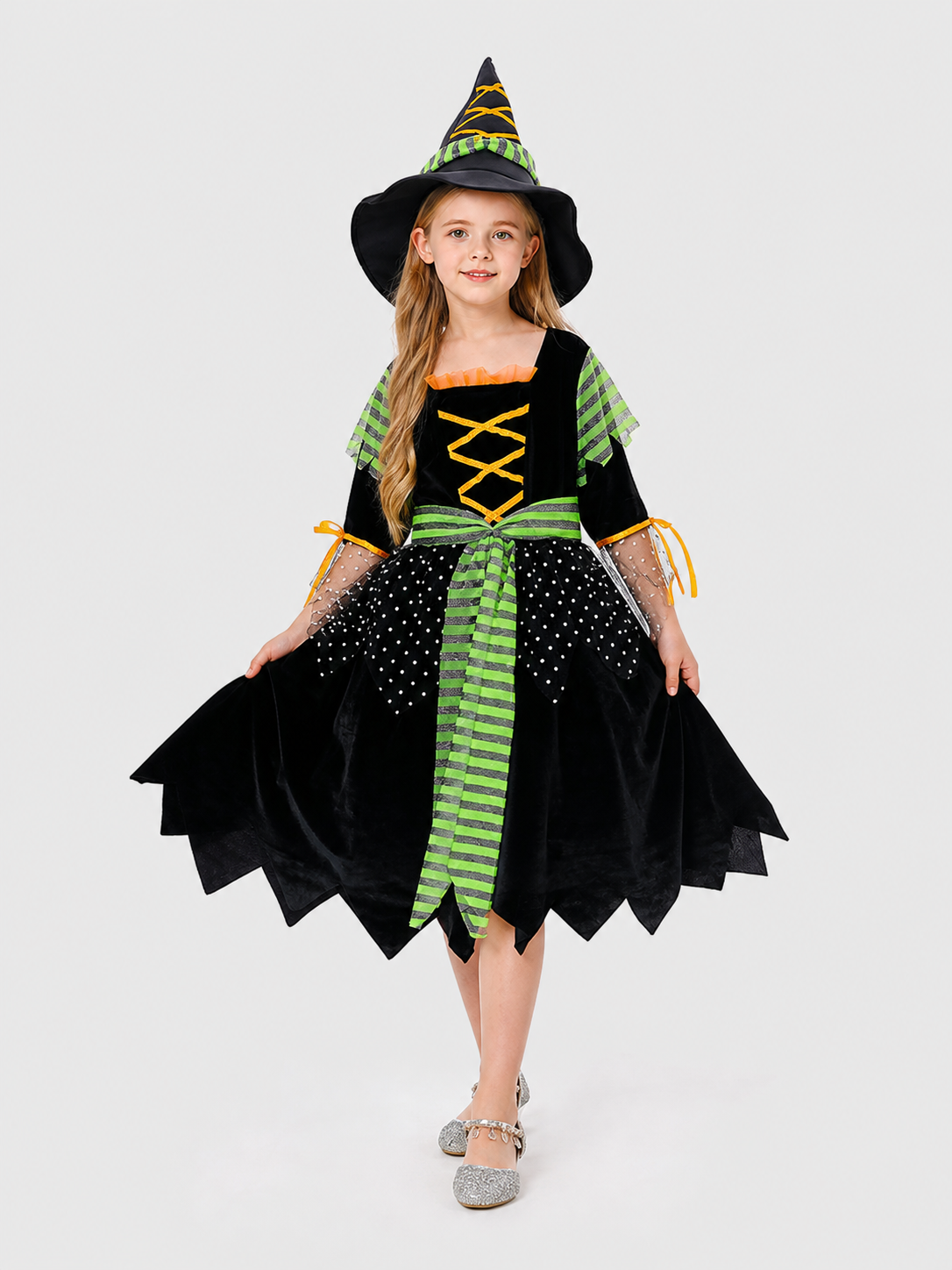 Witch Costume with Pointed Hat and Striped Dress Costume Dresses detail 2