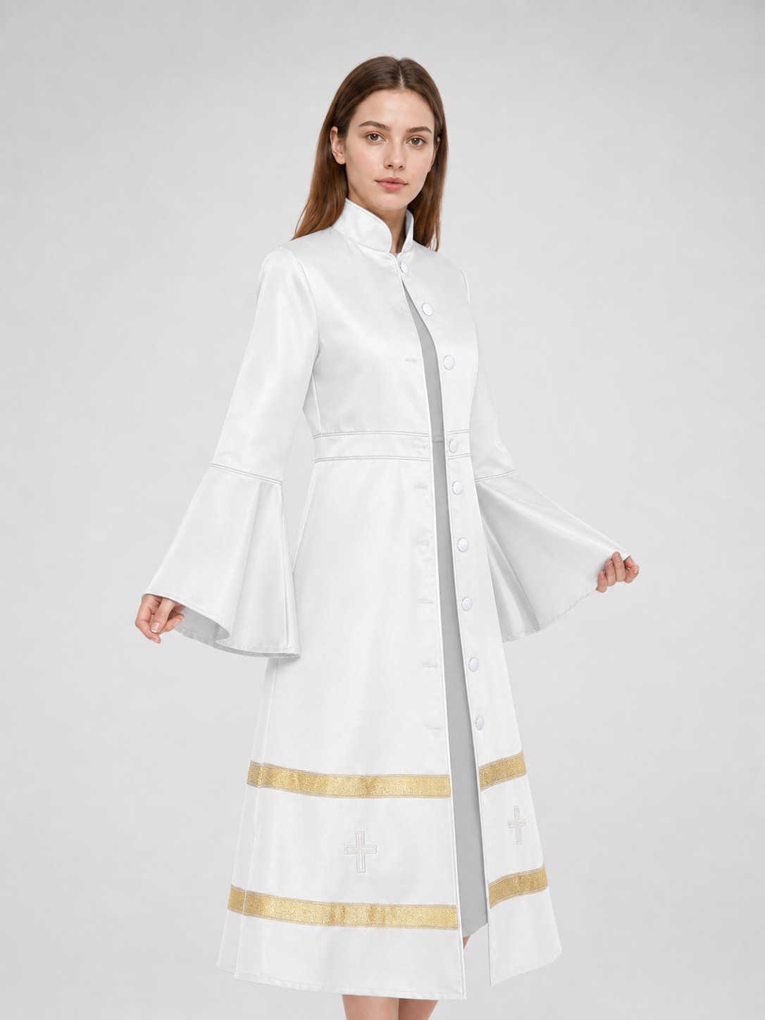Long clergy robe with collar, buttons, and trim on-model alternate view