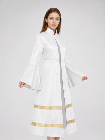 Long clergy robe with collar, buttons, and trim on-model alternate view