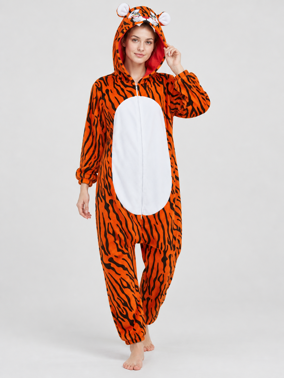 Fleece Hooded Tiger Print Pajama Jumpsuit