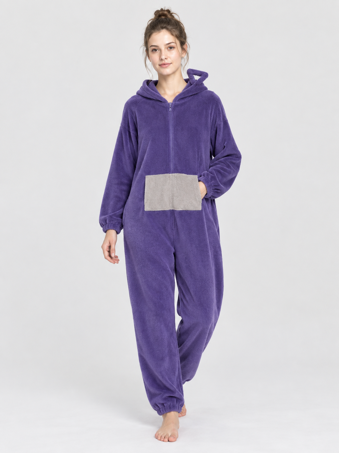 Purple Plush Hooded Jumpsuit Pajama with Zipper