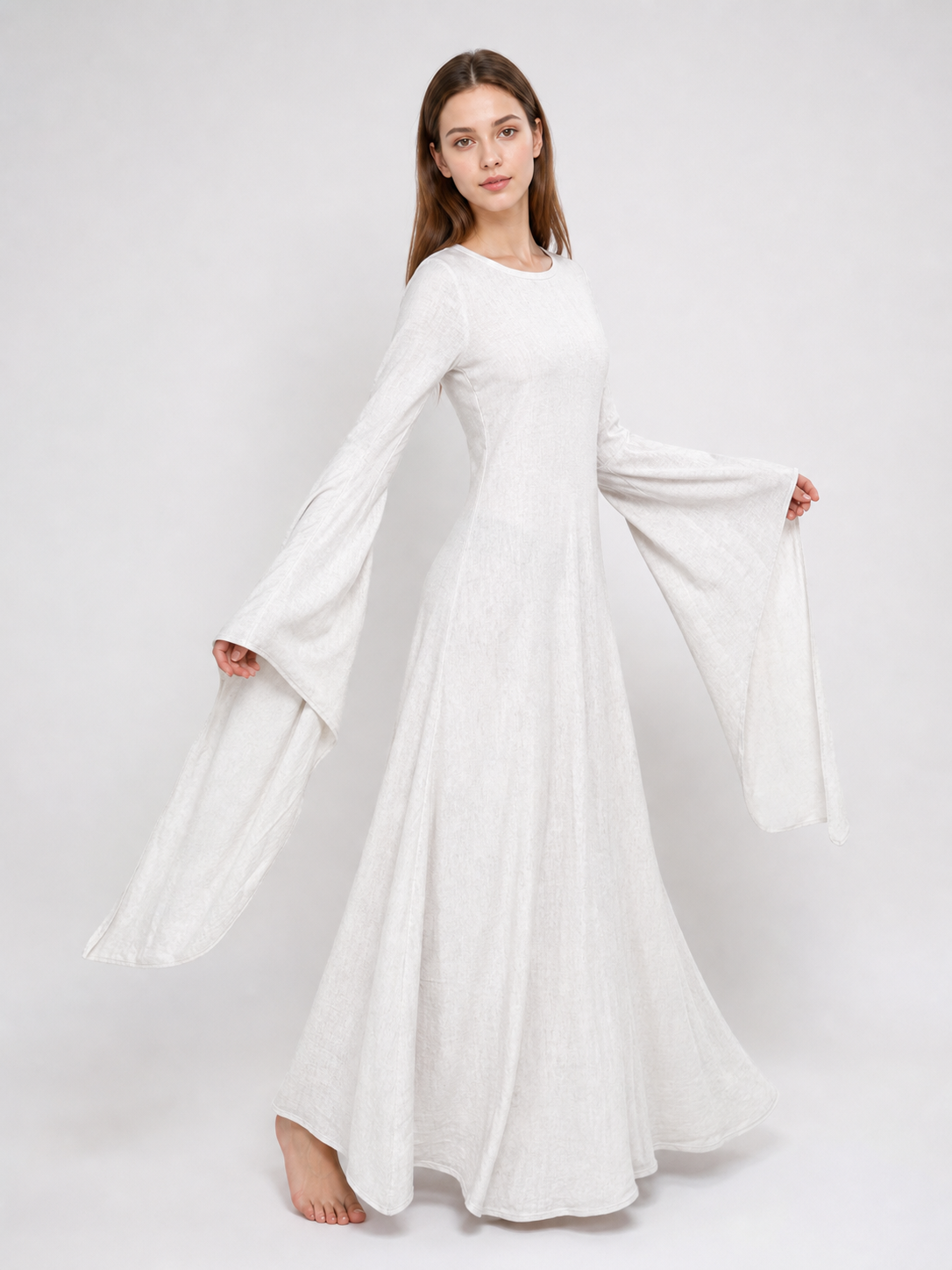White Boho Maxi Dress with Belt and Flared Sleeves