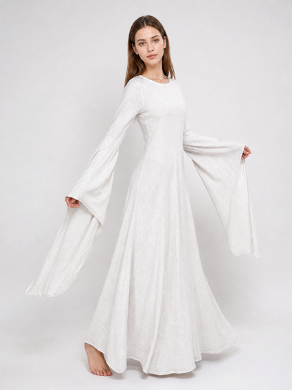White Boho Maxi Dress with Belt and Flared Sleeves